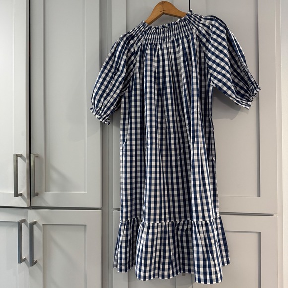 NWOT LAKE Veranda Dress Navy Gingham Smocked Puff Sleeve Tiered Hem Medium - Picture 2 of 7